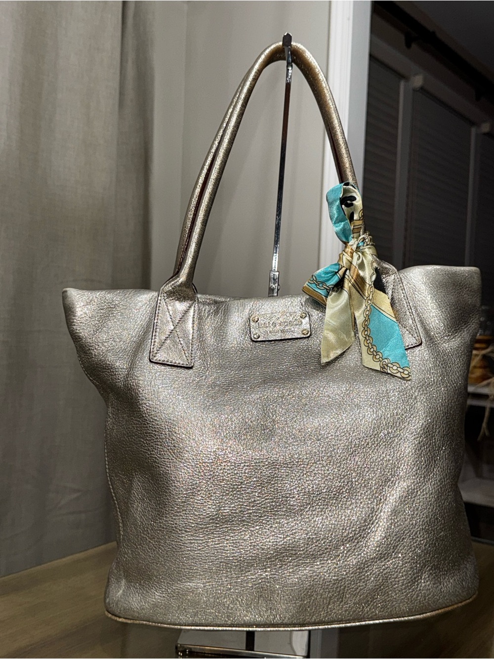 VINTAGE Kate Spade Metallic Silver Shimmer Stevie Leather Tote Bag + Scarf!